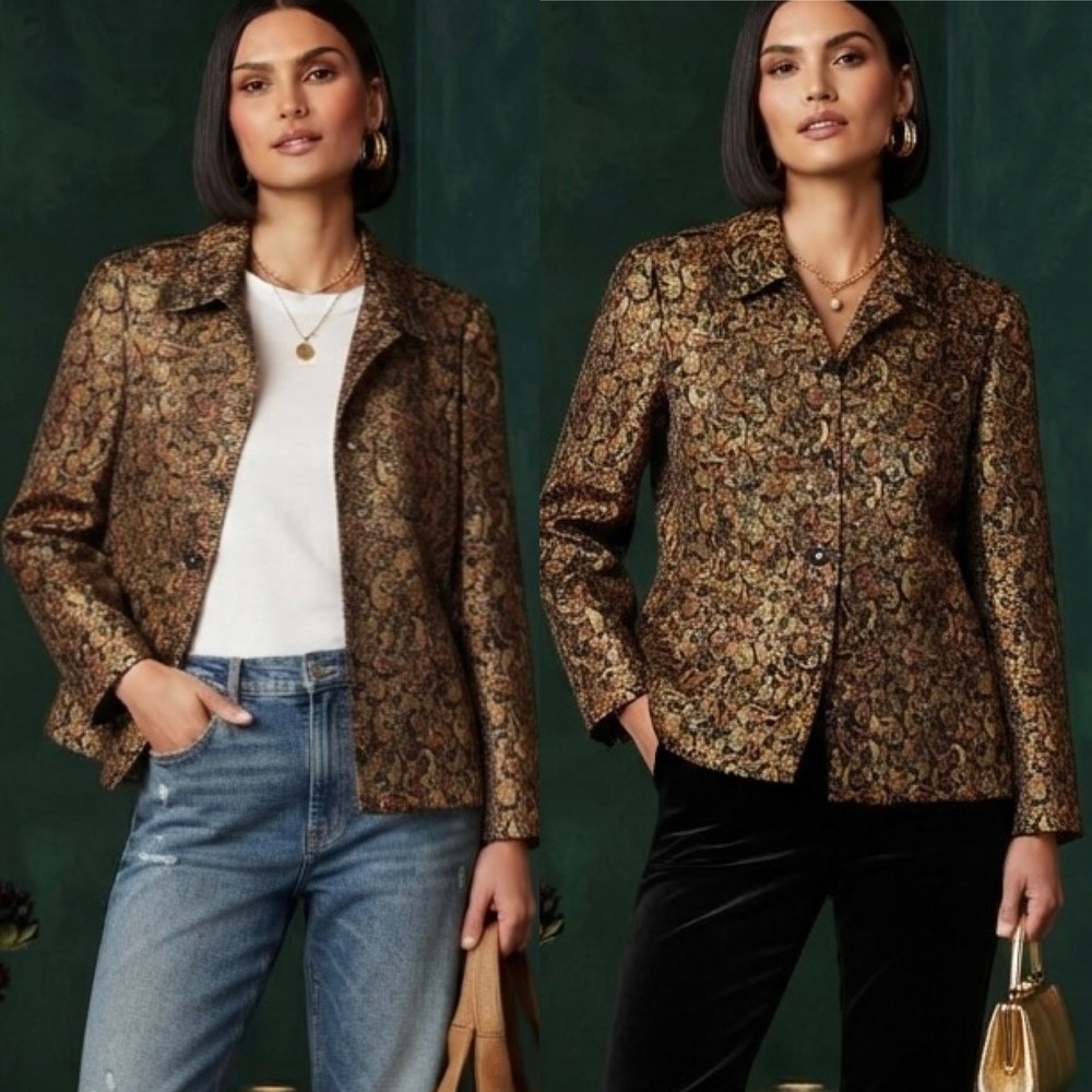 VTG Maggy L Gold Metallic Paisley Brocade Tapestry Sequin Blazer Whimsigoth 12